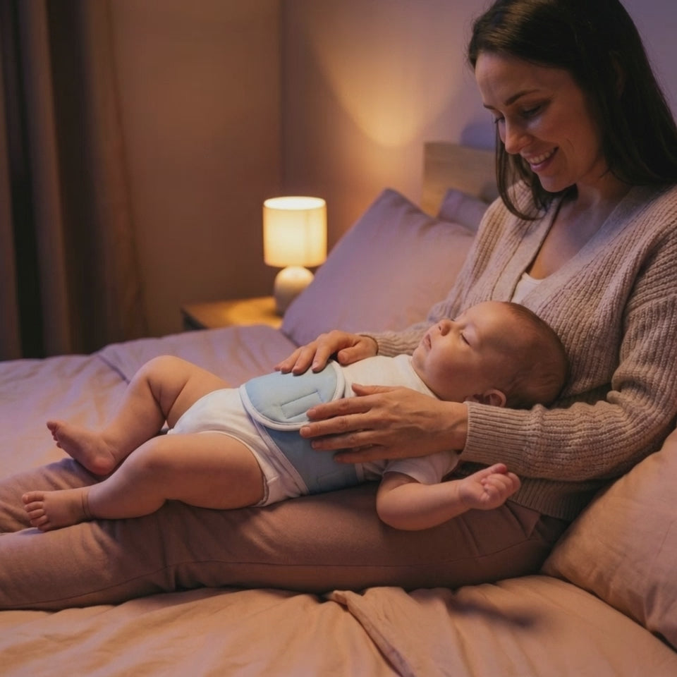 Seara, mama mângâie burtica bebelușului care ațipește cu centura caldă